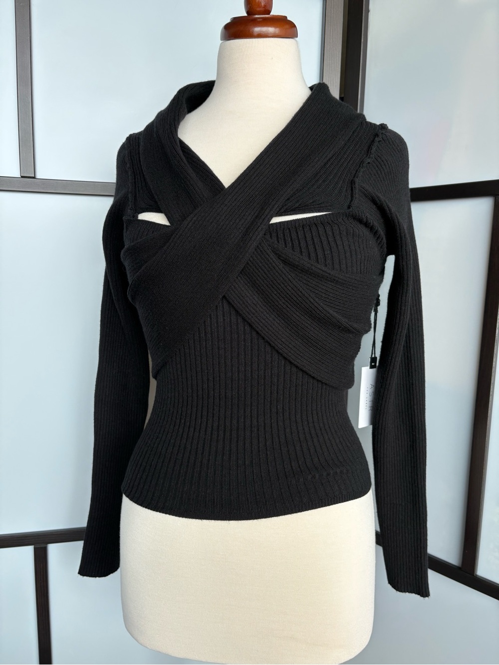 ASTR The Label Off Shoulder Crossover Ribbed Sweater Black NWT Size S